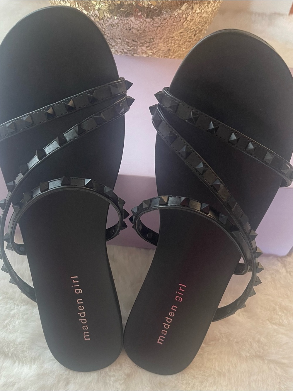 Madden Girl Black Pyramid-Stud Slide Sandals